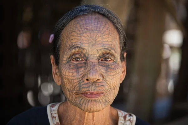 Portrait tribe tattooed Chin woman. Mrauk U, Myanmar