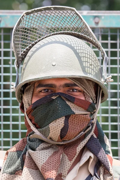 Indian frontier guard.  Army checkpoint in Kashmir Himalayas. Srinagar, India