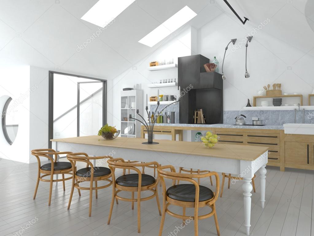 Concepto abierto luminoso cocina y comedor — foto de stock ...