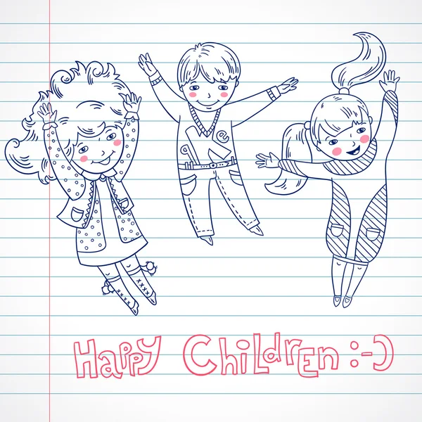 Happy three children. Paper background. Hand drawn. Jumping children. Happy emotions. Line illustration.