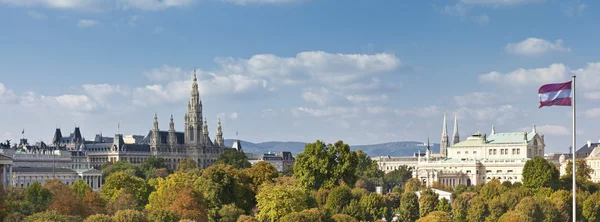 Panorama view at the Vienna Town Hall, Imperial Court Theater, and part of the Austrian Parliament Building