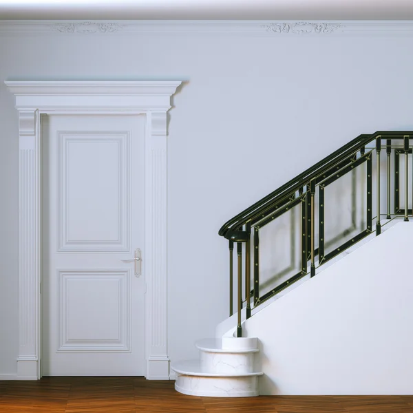 Modern interior with wooden door and stairs. 3d render