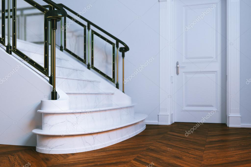 Nuovi interni classici con porta chiusa e scala in marmo. r 3d ... Parquet e marmomoderno