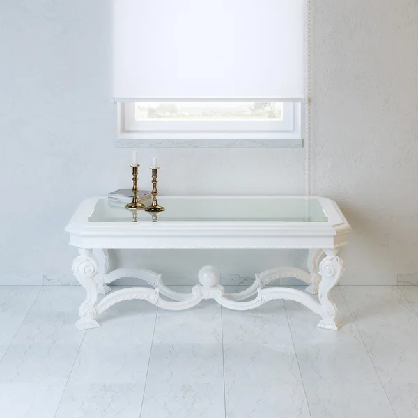 Minimalist room with white baroque style table and window