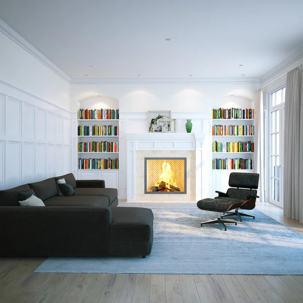 Home library in classic white room. Living interior with firepla