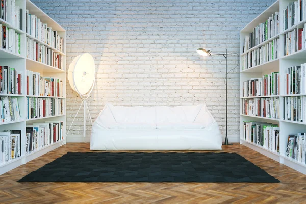 Home library in new white room. Loft design interior . 3D render