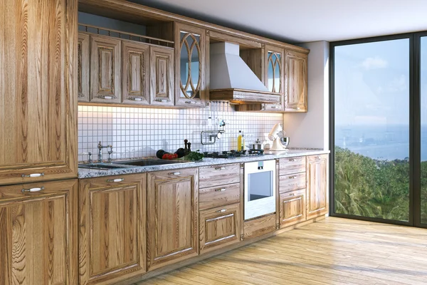 Modern bright wooden kitchen in villa on ocean island