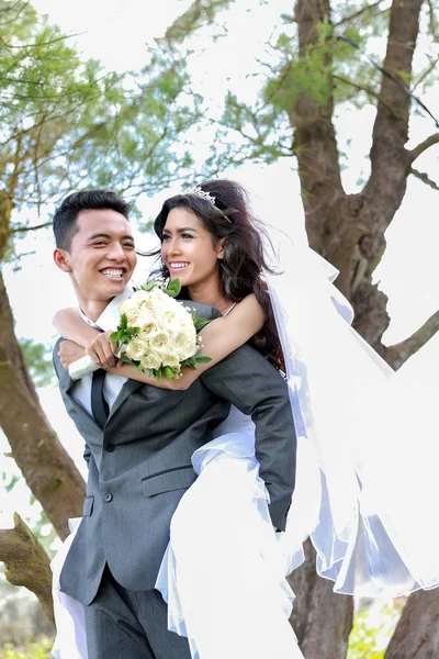 Smile of happiness from romantic newlywed couple