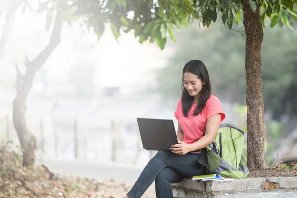 Young Asian student sitting outdoor, using a laptop