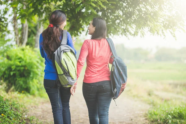 Two young Asian students chatting while walking together, back v