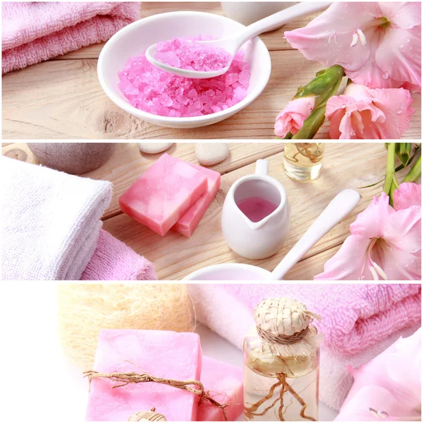 Pink spa concept collage. soap and essensials spa objects