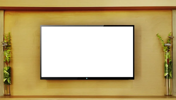 Led tv hanging on wood wall