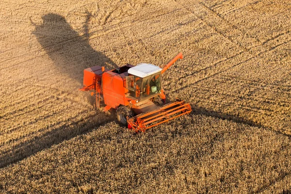 Aerial view of combine on the harvest field