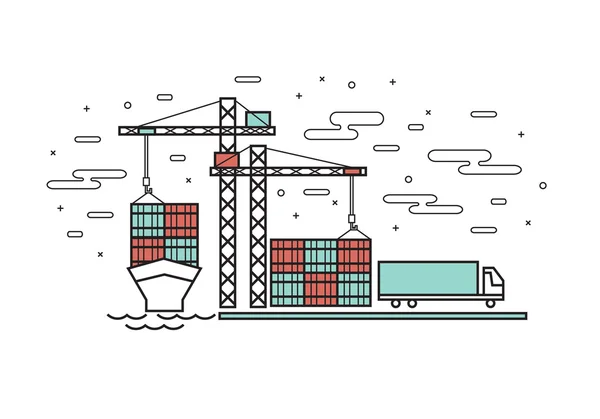 Thin line flat design for container ship, Industrial port, Conta