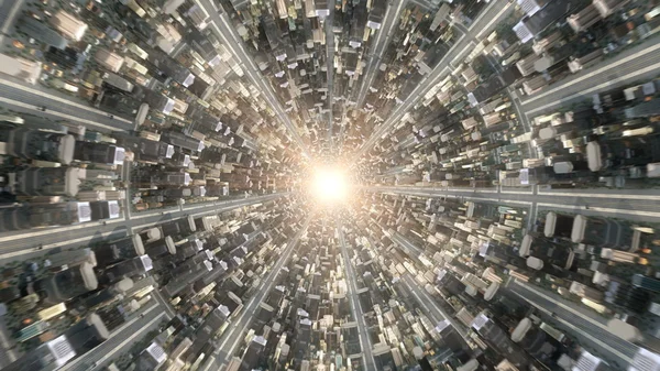 Conceptual flytrough over the fantastic city underworld. 3d rendering