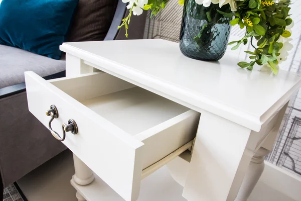 Modern interior decorated with  opened white empty drawer