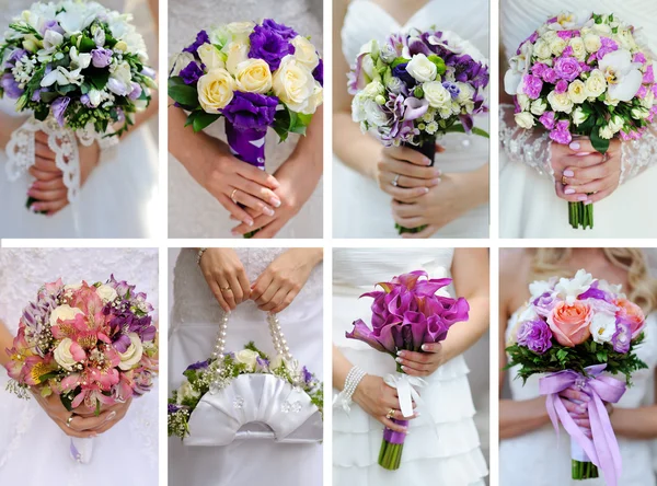 Collage photos from wedding bouquets in hands of bride