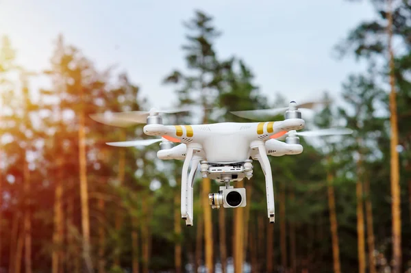 Drone flying on a background of forest trees