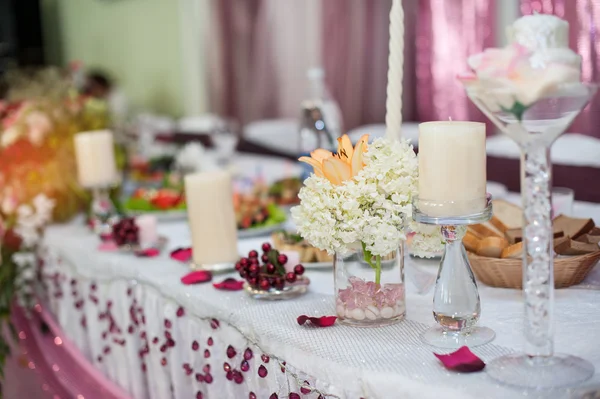 Decorations with candles on wedding table in a restaurant