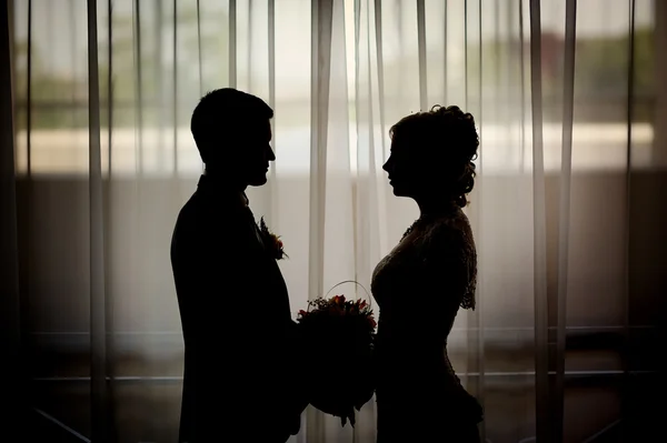 Silhouette of a bride and groom on the background of a window