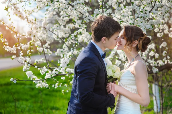 Bride and groom stand near a flowering tree in the spring garden