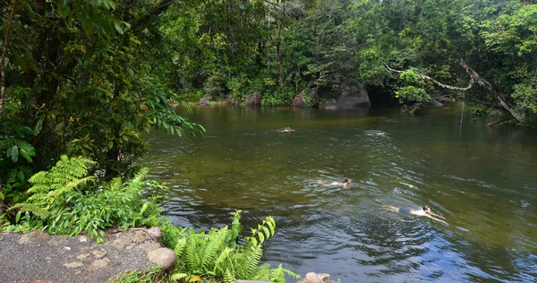 Young people swim in Babinda Boulders in Queensland Australia