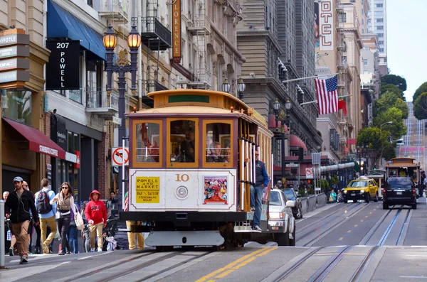 Passengers riding on Powell-Hyde line cable car in San Francisco