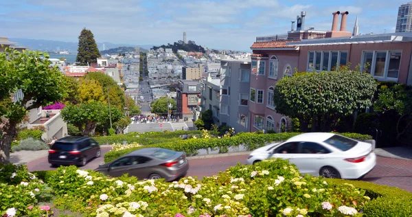 Panoramic view of Lombard Street switchback against San Francisc