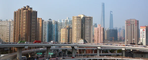 Traffic against Shanghai skyline China