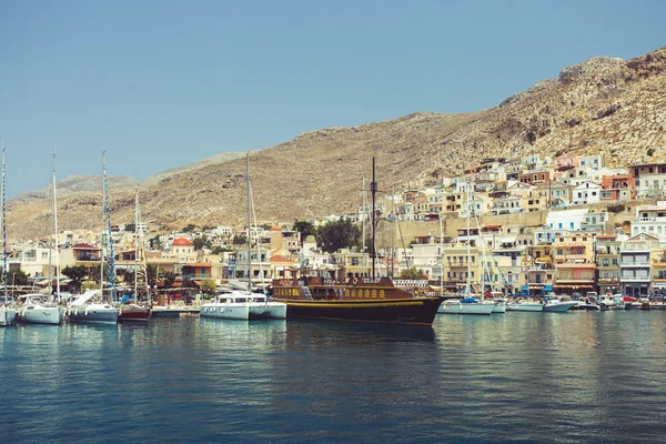 Boats in greek harbor offered for rent during summer.