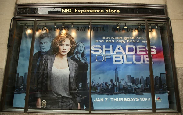 NBC Experience Store window display decorated with Shades of Blue television event logo