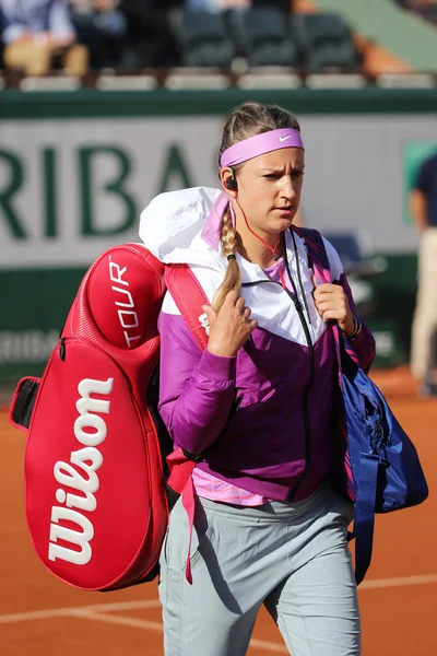 Two times Grand Slam champion Victoria Azarenka of Belarus enters central court before her third round match at Roland Garros 2015