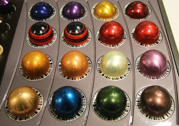 Variety of coffee capsules in Nespresso store in New York.