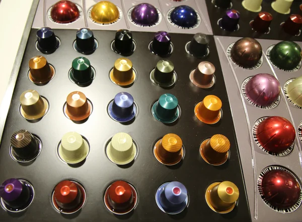 Variety of coffee capsules in Nespresso store in New York.