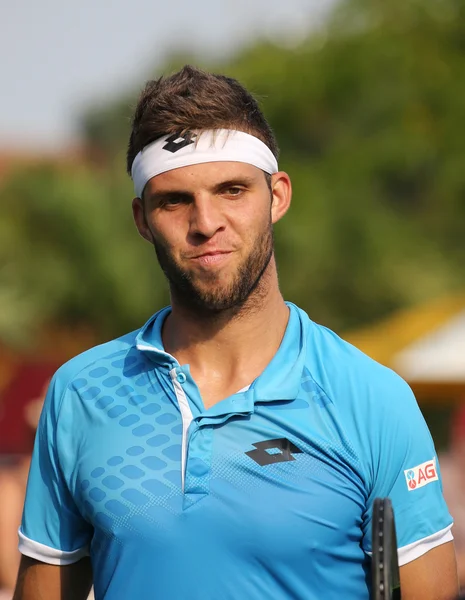 Professional tennis player Jiri Vesely of Czech Republic  in action during his second round match at US Open 2015