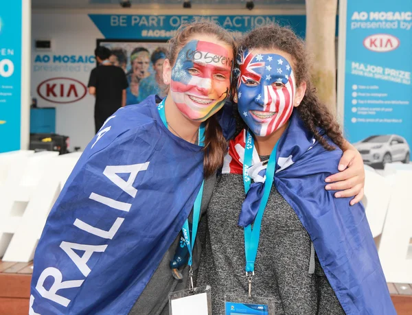 Australian and American tennis fans with flags at Australian Open 2016