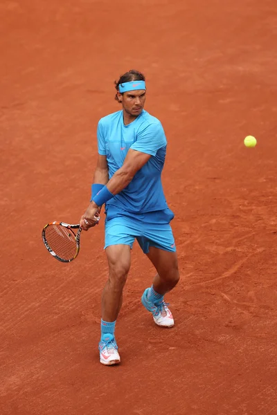 Fourteen times Grand Slam champion Rafael Nadal in action during his second round match at Roland Garros 2015