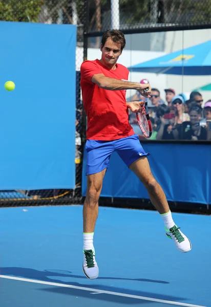 Seventeen times Grand Slam champion Roger Federer of Switzerland  practices for Australian Open 2016