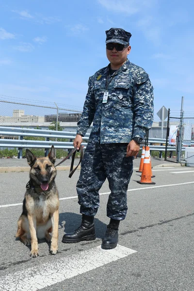 Unidentified US Navy with K-9 dog providing security during Fleet Week 2016