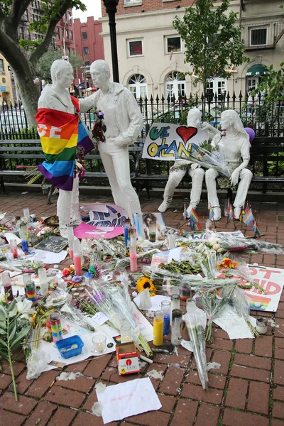 Memorial at Gay Liberation sculptures in Christopher Park  for the victims of the mass shooting in Pulse Club, Orlando