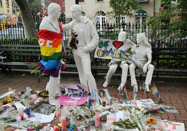 Memorial at Gay Liberation sculptures in Christopher Park for the victims of the mass shooting in Pulse Club, Orlando