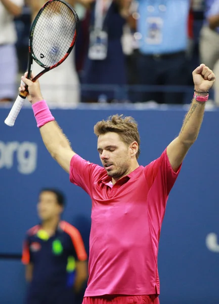 Three times Grand Slam champion Stanislas Wawrinka of Switzerland celebrates victory after his final match at US Open 2016