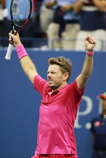 Three times Grand Slam champion Stanislas Wawrinka of Switzerland celebrates victory after his final match at US Open 2016