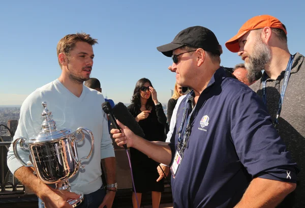 Three times Grand Slam champion Stanislas Wawrinka of Switzerland during TV interview on the Top of the Rock Observation Deck