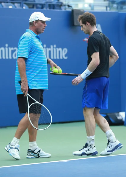 Grand Slam Champion Andy Murray (R) practices with his coach Grand Slam Champion Ivan Lendl for US Open 2016