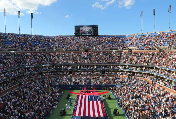 US Marine Corps unfurling American Flag  during the opening ceremony of the US Open 2014 women final