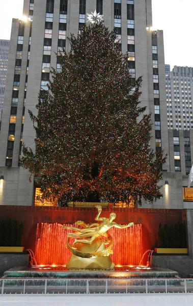 Rockefeller Center Christmas Tree and statue of Prometheus at the Lower Plaza of Rockefeller Center in Midtown Manhattan