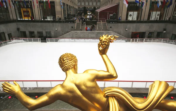 Statue of Prometheus and ice-skating rink at the Lower Plaza of Rockefeller Center