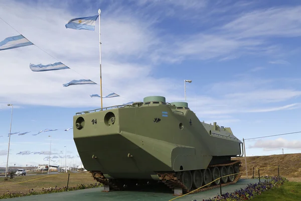 Armored military vehicle at the monument to fallen soldiers of Falklands  or Malvinas war in Rio Grande, Argentina