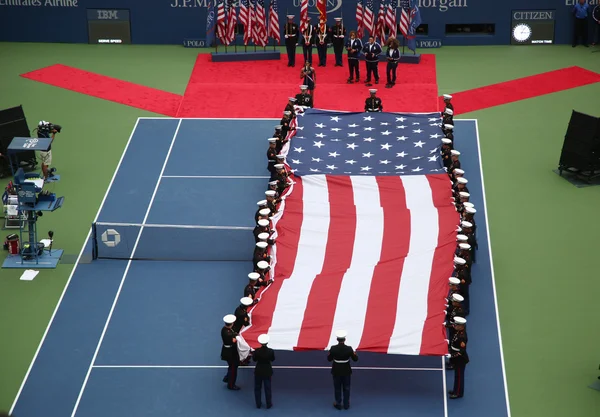 US Marine Corps unfurling American Flag during the opening ceremony of the US Open 2015 women s final